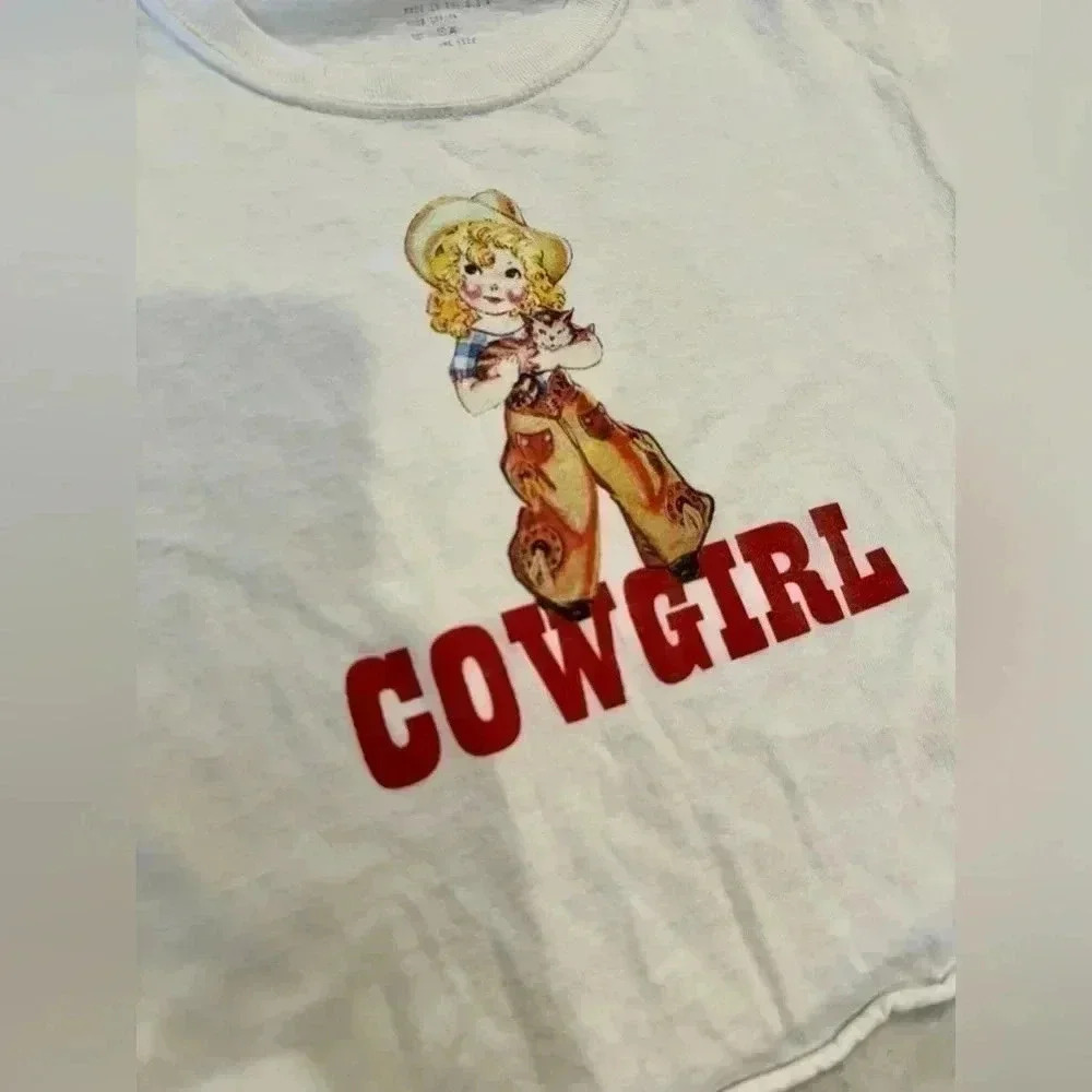 JOHN GALT BRANDY MELVILLE White Cowgirl Crop Top Tee Shirt Cotton Women one size - Picture 9 of 13